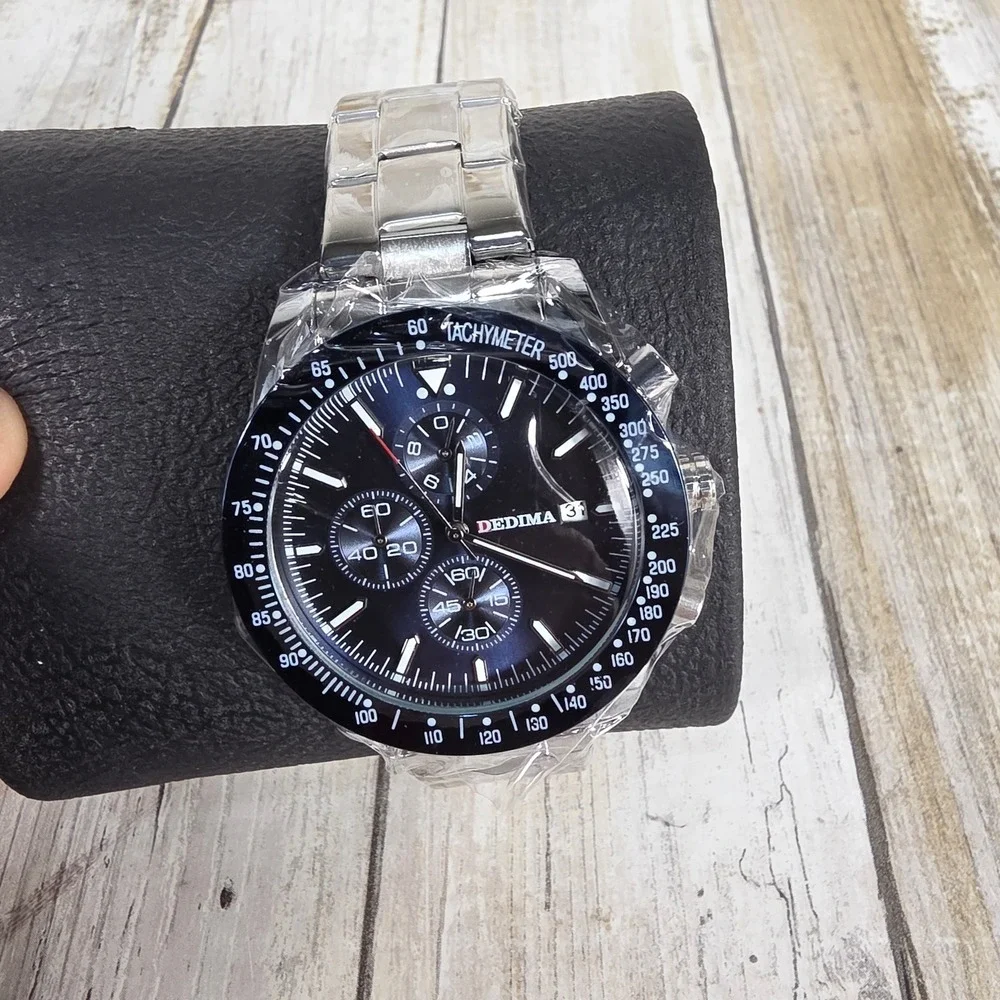 Dedima Mens Chronograph Watch Black Dial Silver Stainless Steel Link Band New